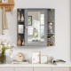Gray wall-mounted bathroom storage cabinet with mirror and six open shelves for versatile organization in limited.
