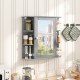 Gray wall-mounted bathroom storage cabinet featuring a mirror and six open shelves, perfect for maximizing small spaces.