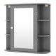 Gray multipurpose wall-mounted bathroom storage cabinet with mirror and six open shelves for versatile organization.