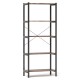 Multipurpose open bookcase with brown shelves and black frame, featuring an X-shaped back design for enhanced stability.