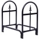 Heavy-duty black steel firewood storage holder with open design for ventilation, ideal for outdoor use on porch or deck.