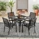 Set of 2 patio dining chairs with curved armrests and reinforced steel frame, perfect for outdoor or indoor use.
