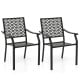 Set of 2 patio dining chairs with curved armrests, reinforced steel frame, and stackable design for space-saving.