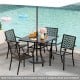 Set of 2 patio dining chairs with curved armrests, steel frame, and stackable design, ideal for poolside or backyard.