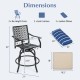 Dimensions chart for outdoor bar height chair set, detailing chair height, seat cushion size, and lumbar pillow.
