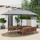 Double-sided 15ft patio umbrella in market-gray with a sturdy metal base, ideal for outdoor dining and gatherings.