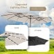 Double-sided beige patio umbrella with 48 LED lights, sturdy 12-rib metal structure, ideal for outdoor shading.