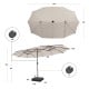 Double-sided 15 feet patio umbrella in beige with 48 LED lights, ideal for garden and backyard shading.