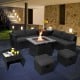 9-piece outdoor wicker sectional with gray cushions and a 35-inch gas fire pit table for cozy gatherings.