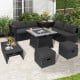 9-piece outdoor wicker sectional with gray cushions and a 35-inch gas fire pit table, perfect for patio gatherings.