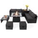 9-piece outdoor wicker sectional set with gray cushions and a 35-inch gas fire pit table for cozy gatherings.