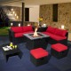 9-piece outdoor wicker sectional set with red cushions and 35-inch gas fire pit table for cozy patio gatherings.