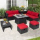 9-piece outdoor wicker sectional set with red cushions and gas fire pit table, perfect for patio gatherings.