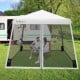 10x10 feet pop-up canopy with mesh sidewalls, adjustable height, and carrying bag, ideal for outdoor gatherings.