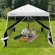 10x10 feet pop-up canopy with mesh sidewalls, adjustable height, and family enjoying a picnic in the backyard.