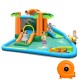 Inflatable water slide park featuring two slides, splash pool, and palm tree design, perfect for kids' summer fun.