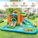 Colorful 7-in-1 inflatable water slide park for kids, featuring slides, splash pool, and palm tree design, suitable for.