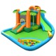 Inflatable water slide park featuring two slides, trampoline, splash pool, and climbing wall for outdoor fun.