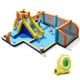 Giant inflatable water slide with soccer theme, featuring dual slides, splash pool, and safety mesh for kids' outdoor.