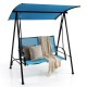 Two-seat outdoor canopy swing in navy with adjustable canopy, comfortable fabric seat, and heavy-duty metal frame.