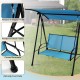 2-seat outdoor canopy swing with navy fabric seat, rustproof metal frame, and adjustable canopy for backyard relaxation.