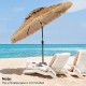 Thatched 9-foot tiki patio umbrella with LED lights, ideal for beachside relaxation and shade. Base not included.