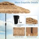 9-foot solar-powered tiki patio umbrella with thatched canopy, featuring LED lights and a ventilated top for cooling.