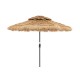 9-foot thatched tiki patio umbrella with solar-powered LED lights, featuring a ventilated top for cooling and sturdy.