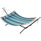 Two-person hammock stand with blue striped fabric, featuring a sturdy powder-coated steel frame for outdoor relaxation.