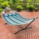 Colorful 2-person hammock stand with powder-coated steel frame, adjustable heights, perfect for yard or beach.