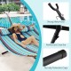 Two-person hammock stand with powder-coated steel frame, adjustable heights, and carrying bag for outdoor relaxation.