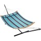 Heavy-duty hammock stand with a sturdy steel frame and snap-button assembly for easy setup in various outdoor locations.