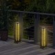 Two solar-powered wicker floor lamps with warm yellow light, perfect for outdoor patios and gardens.