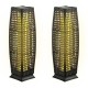 Two solar-powered black wicker floor lamps with warm yellow light, perfect for outdoor patio and garden use.