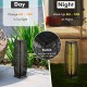 Solar-powered square wicker floor lamp in black, featuring 150-lumen warm yellow light for outdoor use.