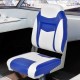 High back folding boat seat in blue and white with sponge cushion, designed for comfort and durability in outdoor use.