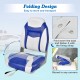High back folding boat seat in blue and white with soft cushion, aluminum hinges, and compact storage design.