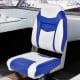 High back folding boat seat in blue and white with sponge cushion, designed for comfort and durability in outdoor use.