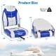 High back folding boat seat set in blue with dimensions, ergonomic design, and durable waterproof PVC for outdoor use.