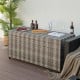 Gray PE wicker outdoor storage box with 96-gallon capacity and 4 wheels, ideal for cushions and versatile use.