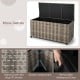 Gray 96-gallon PE wicker outdoor storage box with wheels, waterproof liner, and sturdy construction for versatile use.
