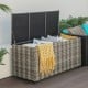 Gray 96-gallon PE wicker outdoor storage box with wheels, featuring a hydraulic lid and ample space for cushions.