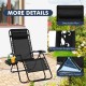 Black outdoor folding zero gravity reclining lounge chair with detachable pillow and utility tray for relaxation.