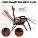 Zero gravity reclining lounge chair in orange with adjustable backrest and removable headrest for outdoor relaxation.