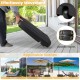 Fillable black umbrella base with wheels and handles for easy movement, suitable for poolside, patio, and beach use.