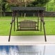2-person outdoor wooden porch swing with adjustable canopy, carbonized fir wood, perfect for garden relaxation.