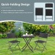 Folding wicker chairs and table in black, featuring rustproof steel frame, perfect for patio or garden use.