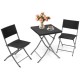 Black 3-piece patio bistro set featuring folding wicker chairs and table, perfect for outdoor relaxation.