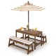 Kids picnic table and bench set in brown with adjustable umbrella and cushioned seating for outdoor fun and relaxation.