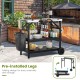 Foldable outdoor cart with 3 tiers, stainless steel, adjustable middle shelf, and wheels for easy mobility.